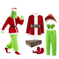 Christmas Green Furry Monster Santa Costume for Men 7 PCS Deluxe Adult Santa Suit Xmas Holiday Outfit Set Include Mask S-M