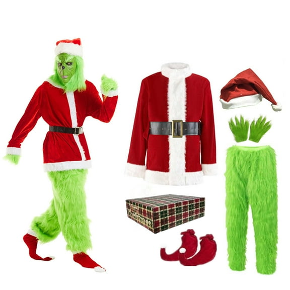 Christmas Green Furry Monster Santa Costume for Men 7 PCS Deluxe Adult Santa Suit Xmas Holiday Outfit Set Include Mask S-M