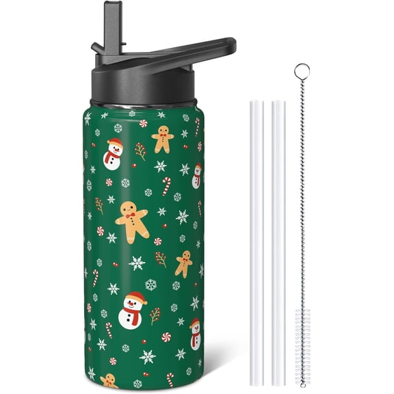 Christmas Green Gingerbread 18oz Sport Water Bottles with Flip Straw & Spout Lid, Xmas Snowman Stainless Steel Travel Cup, Winter Holiday Gifts for Women Men (1 PC)