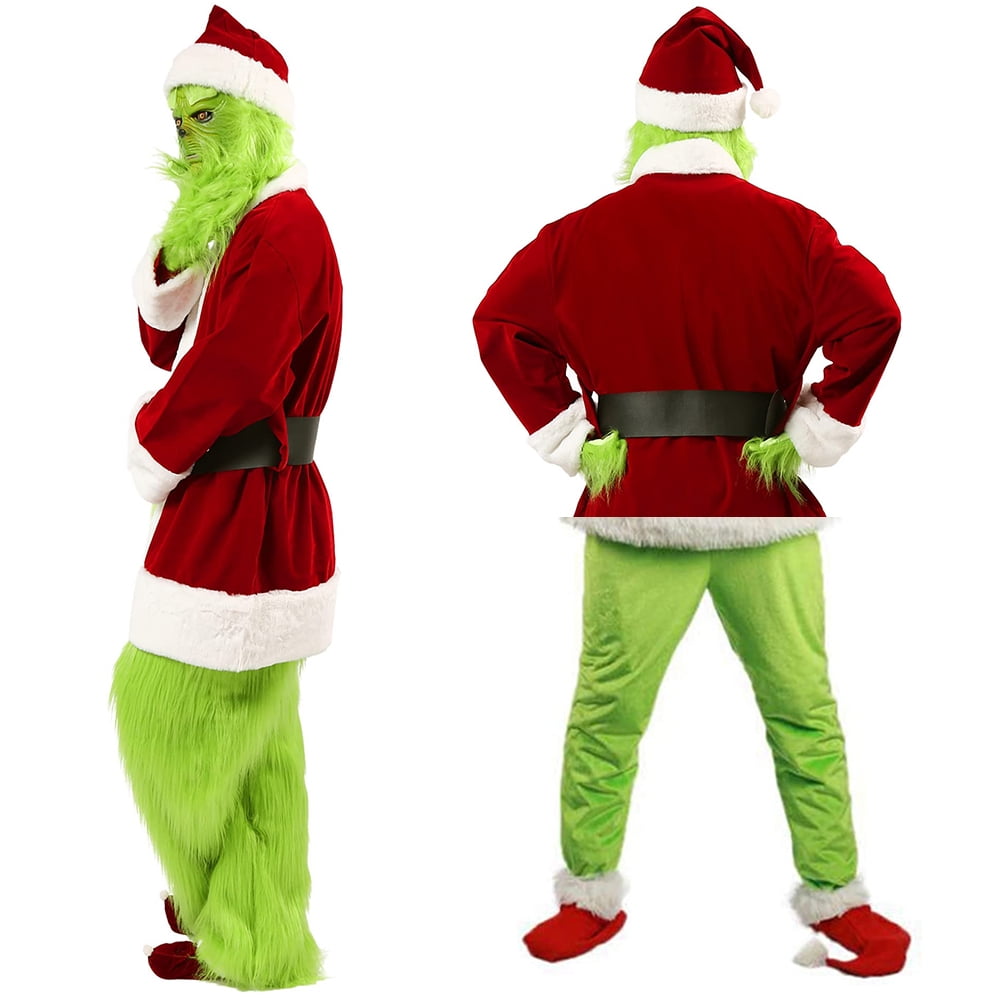 Christmas Green Gr1nch Monster Costume, 7PCS Furry Adult Santa Suit ...
