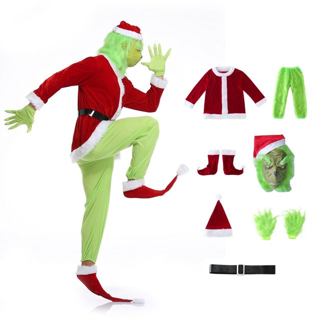 Christmas Green Grinch Costume 7Pieces/Set Suit With mask Gloves Hat ...