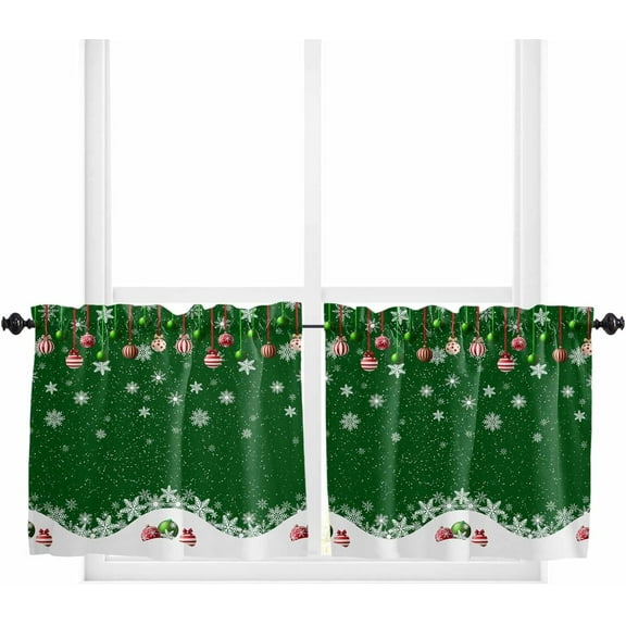 Christmas Green Kitchen Curtain 2 Panels Tiers Curtains 36 Inch Length, Winter White Snowflake Xmas Balls Curtains Rod Pocket Curtains Window Drapes Treatment Window Cafe Curtains
