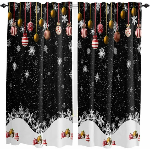 Christmas Green Kitchen Curtain 84 Inch Length Window Curtains and Drapes for Cafe/Living Room, Winter White Snowflakes Xmas Balls Window Treatment Rod Pocket Drapery Panels Curtains, 52x84