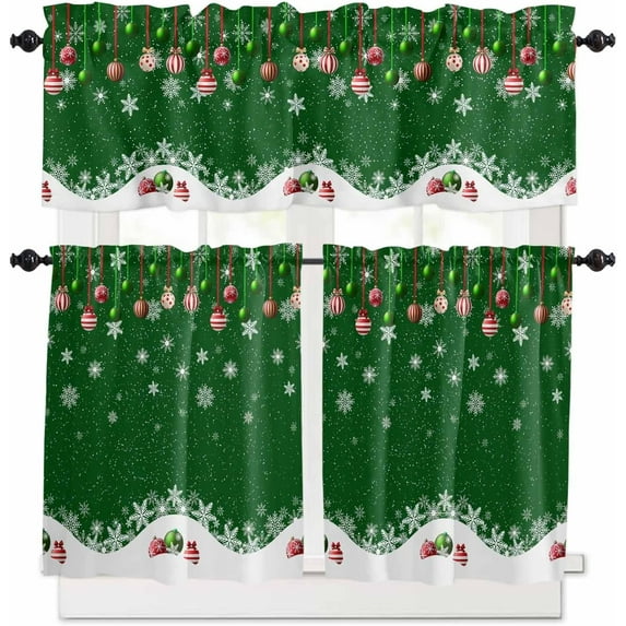 Christmas Green Kitchen Curtains and Valances Set, Rod Pocket Curtains Tier Farmhouse Window Curtains 24 Inch Length, Winter Xmas Snowflake Red Ball Rustic 3 Piece Kitchen Curtains Set