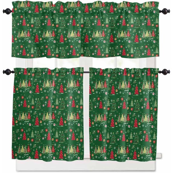 Christmas Green Kitchen Curtains and Valances Set, Rod Pocket Curtains Tier Farmhouse Window Curtains 24 Inch Length, Xmas Winter Pine Trees Snowflake Plants 3 Piece Kitchen Curtains Set