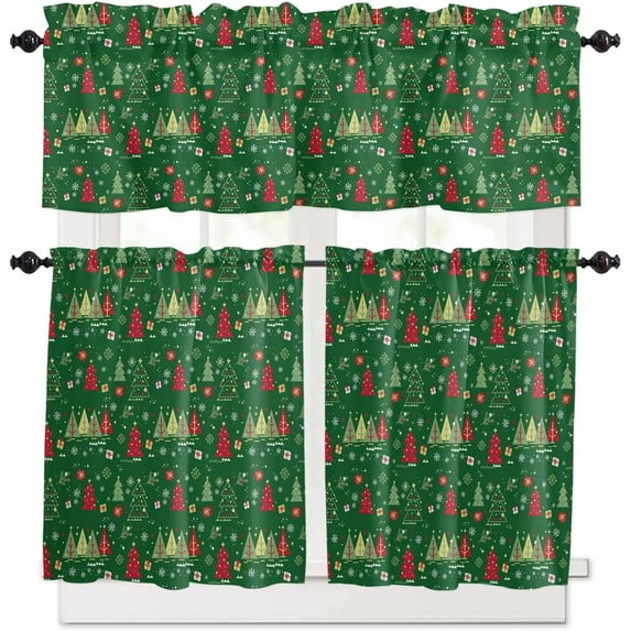 Christmas Green Kitchen Curtains and Valances Set, Rod Pocket Curtains Tier Farmhouse Window Curtains 36 Inch Length, Xmas Winter Pine Trees Snowflake Plants 3 Piece Kitchen Curtains Set