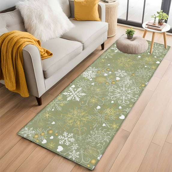 Christmas Green Kitchen Runner Rug 2x6 Washable Runners for Hallway Non Slip Xmas Winter Snowflakes New Year Holiday Large Area Rug Indoor Floor Carpet for Bathroom Laundry Entryway Bedroom