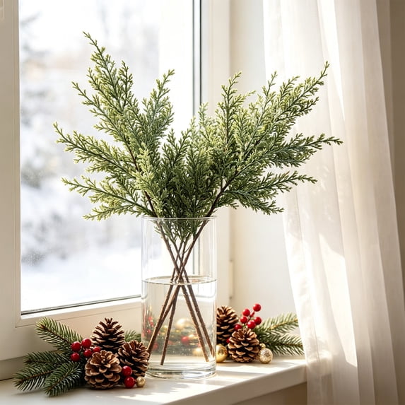 Christmas Green Leaf Spray, Aesthetic Rustic Holiday Decor, Tall Artificial Branch Filler, Colorfast Indoor Plant Stem, Pick For Vase Filler Table Mantel