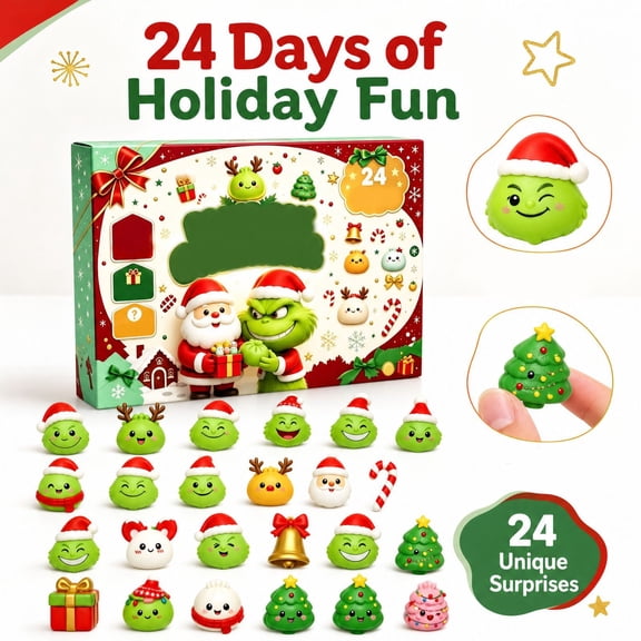 Christmas Green Monster Advent Calendar, 24 Days Countdown Blind Box with Mochi Squishies, Holiday Fidget Classroom Prizes Stocking Stuffers, 1 Count