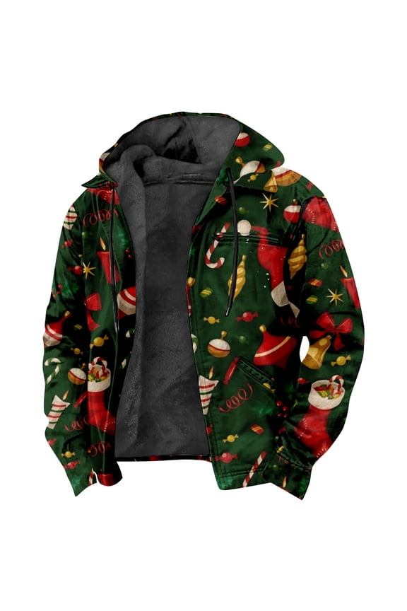 Christmas Green Pattern Candy Print Hooded Jacket Parkas Long Sleeve Zip Hoodie Women Men Outerwear Coat