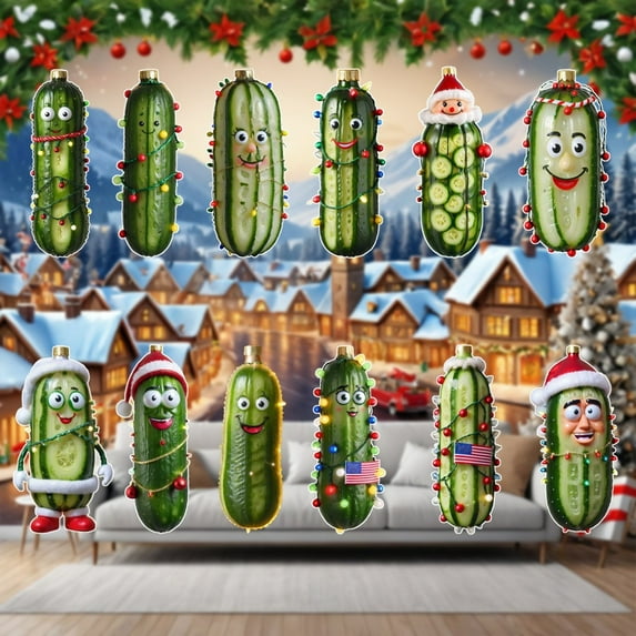 Christmas Green Pickle Ornament, 2025 Christmas Tree Hanging Decorations, Green Cucumber Pendant Gift Tags with Rope for Winter Holiday Xmas Party House Decor, 12 count