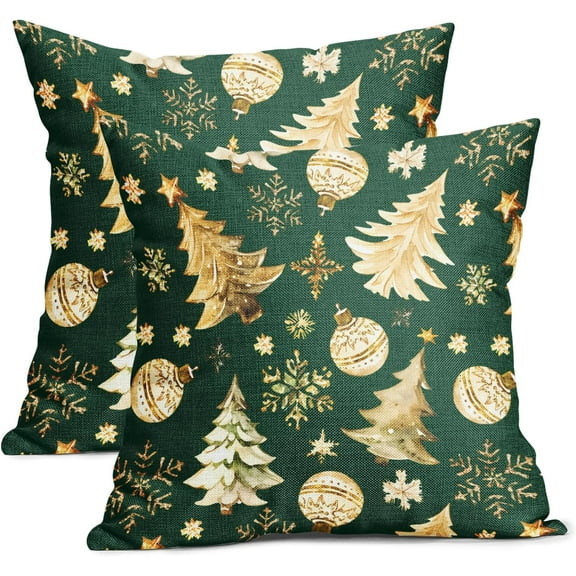 Christmas Green Pillow Covers 20X20 Inch Gold Xmas Tree Snowflakes Decorative Pillow Cases Set of 2 Winter Holiday Throw Pillows Farmhouse Home Decor for Sofa Couch Cushion Outdoor