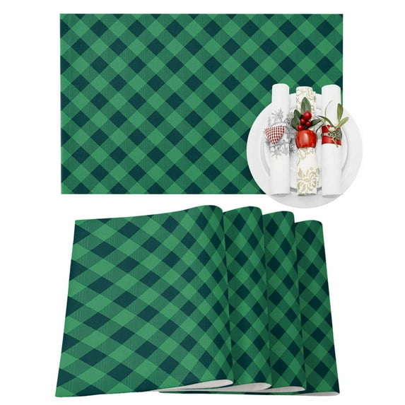 Christmas Green Placemats Set of 2 Plaid Heat Insulation Washable Place Mats, Rustic Non-Slip Table Mats for Dining Table Party Kitchen Decor,13x19 Inch