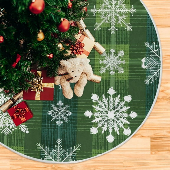 Christmas Green Plaid Snowflakes Christmas Tree Skirt Opening Design Floor Mat Holiday Decor 35 inch