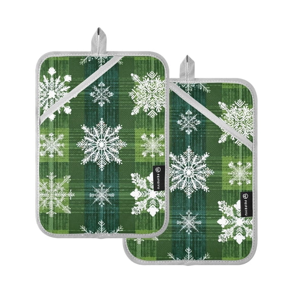 Christmas Green Plaid Snowflakes Potholders Heat Resistant Pot Holder Set of 2 Oven Hot Pads with Pocket