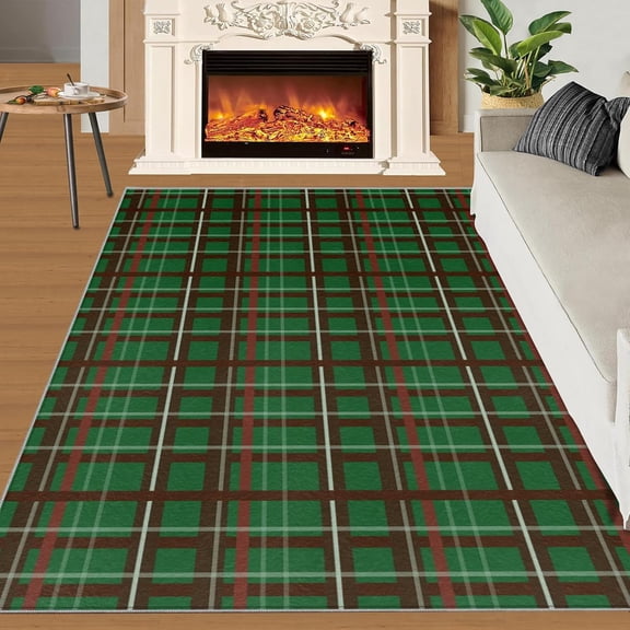 Christmas Green Plaid Washable Area Rug for Living Room, Geometric Stripes Cross Grid Soft for Bedroom, Pattern Clear for Bedroom Kitchen Dining 3x4ft