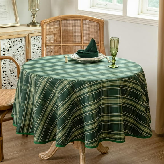 Christmas Green Plaid Waterproof Tablecloth \u2013 Classic Woven Check Design \u2013 Holiday Dining Table Cover for Xmas Parties, Stain-Resistant & Durable, 60" Round
