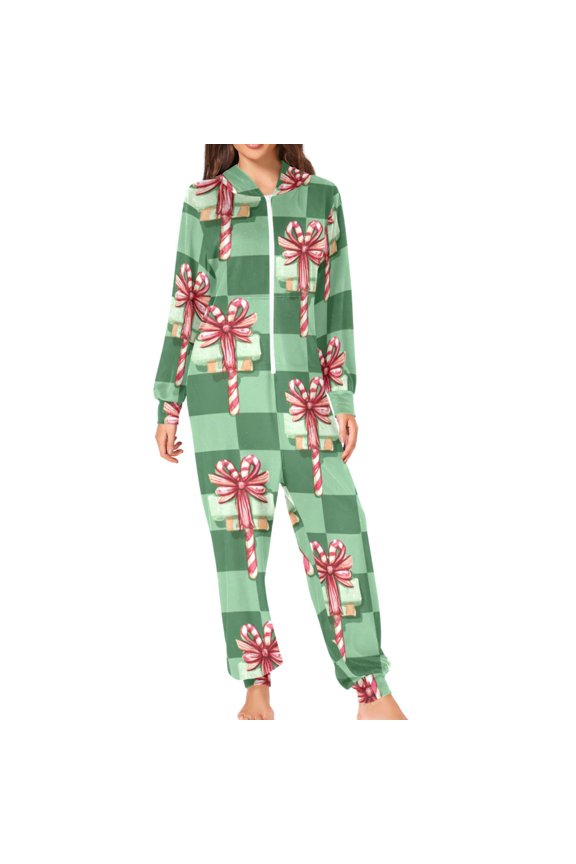 Christmas Green Plaids Candy Cane with Bows Adult's Hoodie Onesie Jumpsuit One-Piece Pajamas with Zipper Unisex for Holiday M