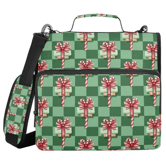 Christmas Green Plaids Candy Cane with Bows Binder Bag with Shoulder Strap 3 Ring Zipper Binder File Folder Document Storage