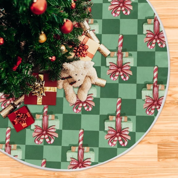 Christmas Green Plaids Candy Cane with Bows Christmas Tree Skirt Opening Design Floor Protection Holiday Decor 35.4" Diameter S
