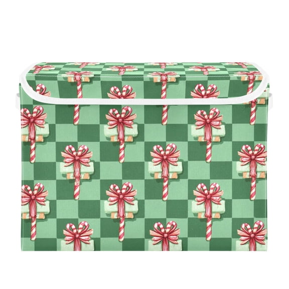 Christmas Green Plaids Candy Cane with Bows Foldable Storage Bin with Lid and Handle Collapsible Storage Box 16.5 x 12.6 x 11.8 inches