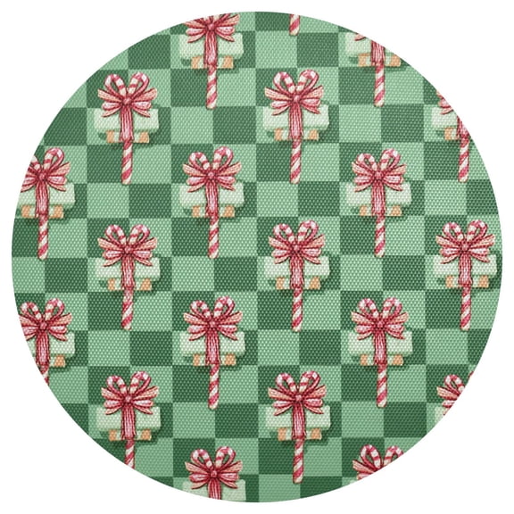Christmas Green Plaids Candy Cane with Bows PVC Round Grid Placemat Table Mat 1 Pc 15.4" x 15.4"