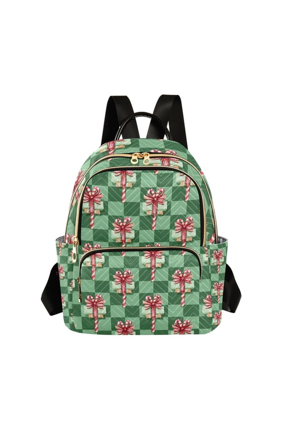 Christmas Green Plaids Candy Cane with Bows Quilted Backpack Fashion Daypack Commuter Bag for Women 8.5 L