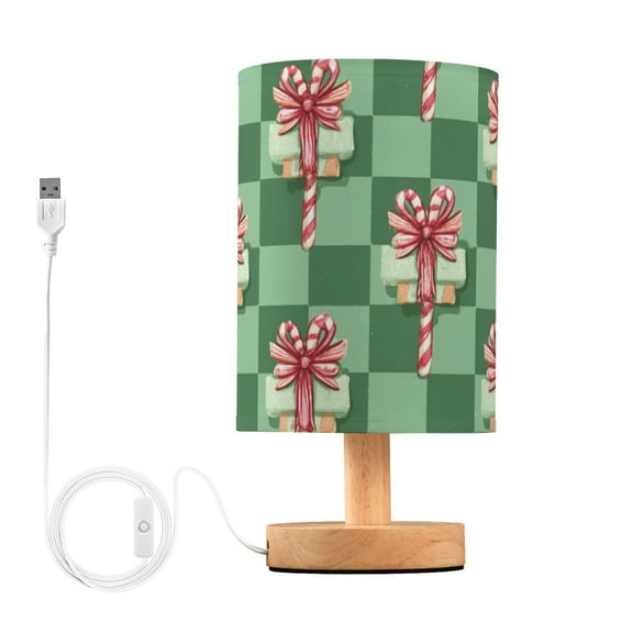Christmas Green Plaids Candy Cane with Bows Table Lamp with USB Port LED Warm Light Lamp Night Light Home Decor