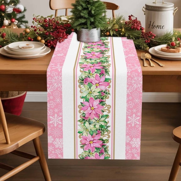 Christmas Green Purple Flowers Table Runner 13x90in Non-Slip Cotton Linen Table Runners, Pink White Striped Dresser Scarves TableRunner for Dinner Kitchen Dining Wedding Party