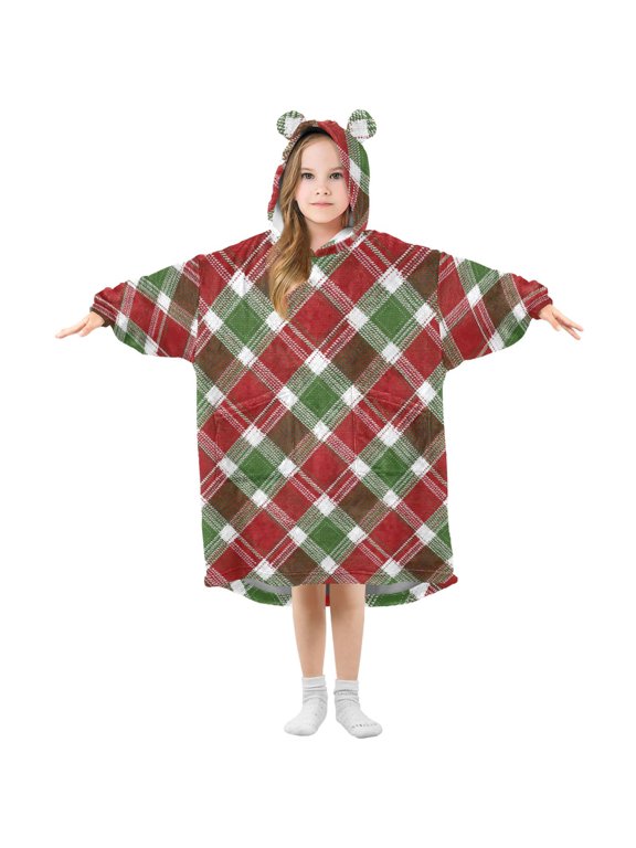 Christmas Green Red Plaids Knitted Texture Flannel Wearable Blankets Hooded Design Long Sleeves Wrap Unisex for 3T-14Y S