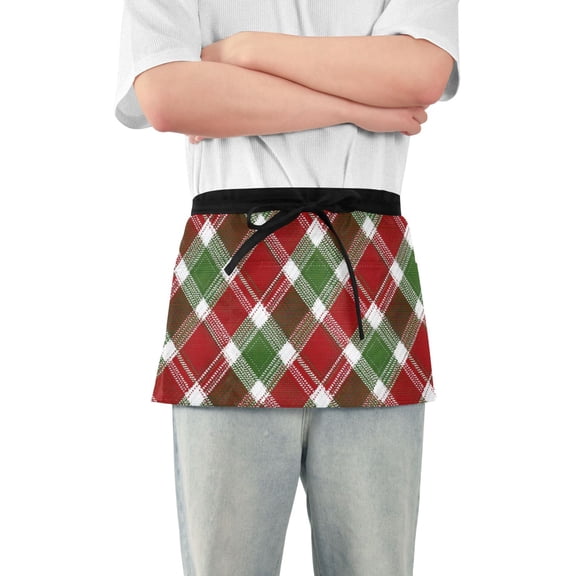 Christmas Green Red Plaids Knitted Texture Short Server Apron with 3 Pockets for Unisex Chef Gardening