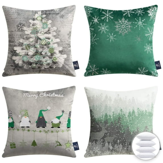 Christmas Green Santa Claus Velvet Embroidered Decorative Holiday Series Throw Pillow with inserts, Green, 18" x 18", Set of 4