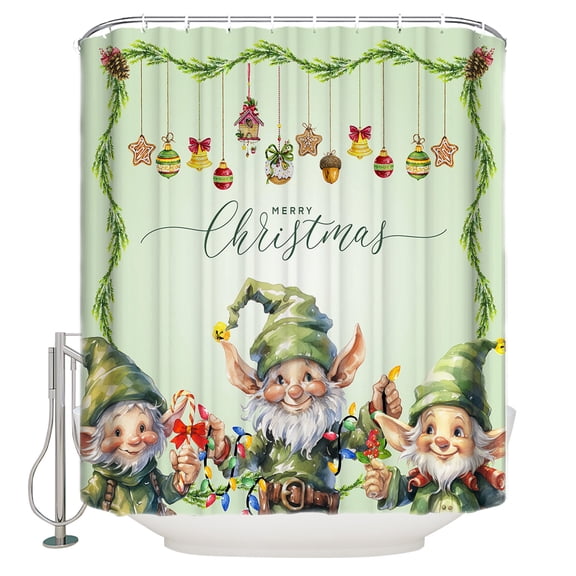 Christmas Green Shower Curtain, 36" x 72", Dwarf Elf Waterproof Bathroom Curtain Washable Shower Curtain Set with 12 Hooks