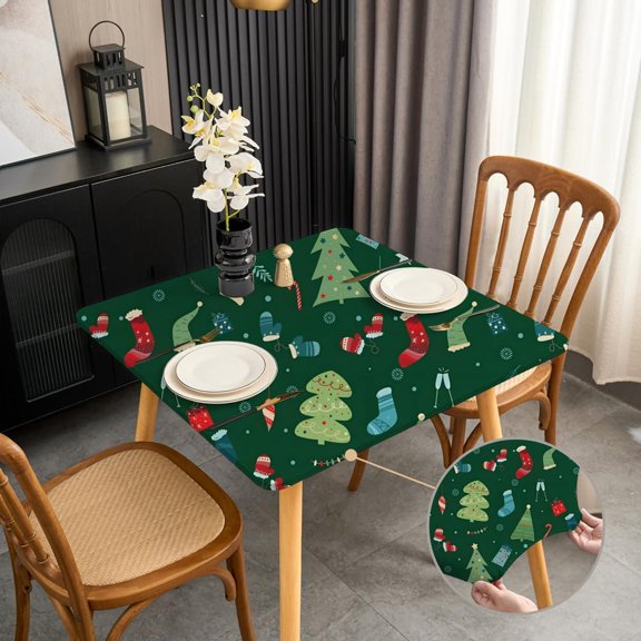 Christmas Green Small Square Fitted Tablecloth 34x34 Inch Stretchy Washable Fabric Winter Coffee Table Cloth Non Slip Table Cover Wrinkle Free Santa Hat and Gloves