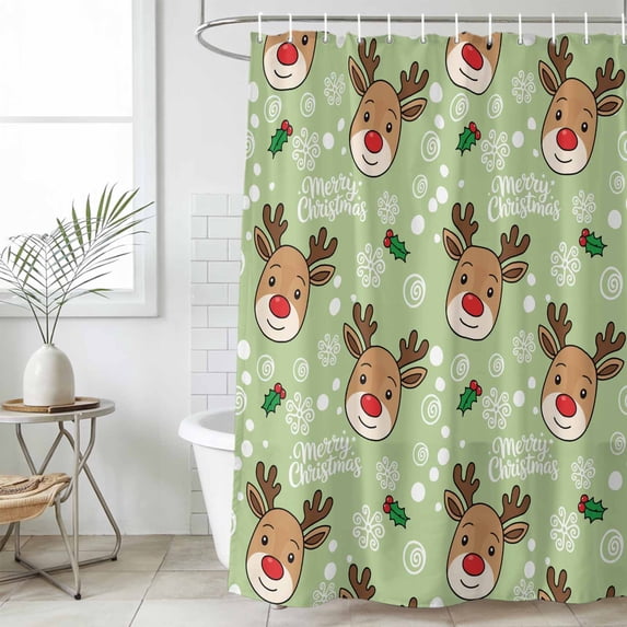 Christmas Green Small Stall Shower Curtain, Waterproof Shower Curtains for Bathroom, Xmas Cute Elk Winter Leaves Cartoon Snowflake Washable Fabric Bath Curtain for Bathtub with Hooks 36x72 Inches