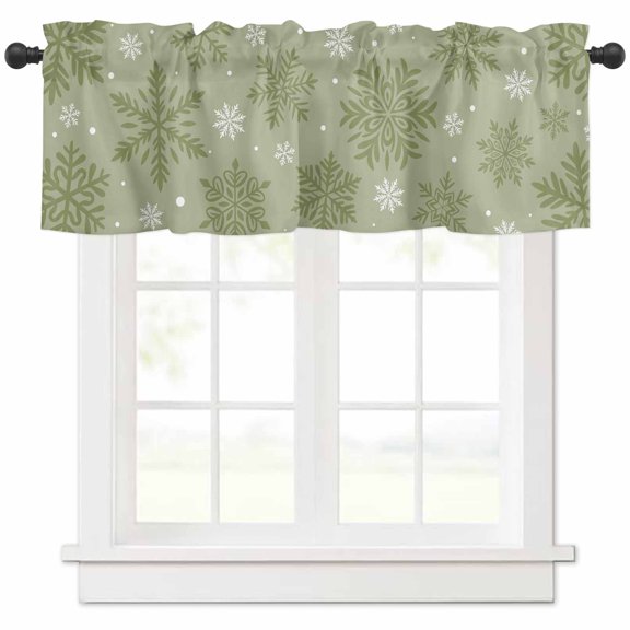Christmas Green Snowflake Valances for Windows, Winter Modern Xmas Light Filtering Window Treatment Valances, Rod Pocket Small Curtains for Kitchen/Bathroom, 56"x16"