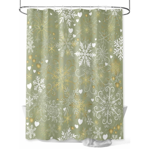 Christmas Green Standard Shower Curtain Set, Waterproof Shower Curtains for Bathroom, Xmas Winter Snowflakes New Year Holiday Washable Fabric Cloth Bath Curtain for Bathtub with Hooks 72x72 Inches