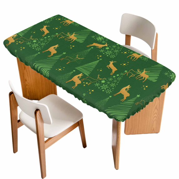 Christmas Green Table Cloths for 3 Foot Rectangle Tables, Yellow Reindeer Xmas Pine Trees Winter Patio Waterproof Elastic Fitted Tablecloths, Washable Rectangular Table Cover for Camping