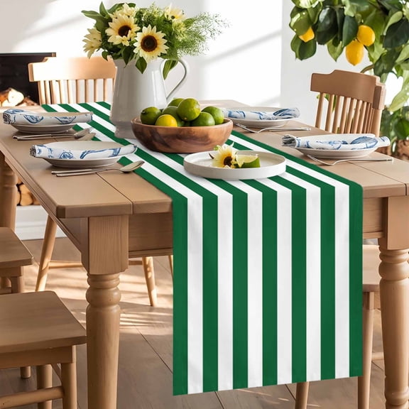 Christmas Green Table Runner, and White Stripe Washable Kitchen Table Runners Dress Scarves for Dining Table Decorations Party/Restaurant/Indoor Outdoor Use, 13x48in