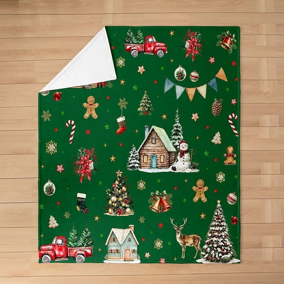 Christmas Green Throw Blanket for Bed Couch Sofa Holiday Snowflake Reindeer Soft Flannel Fleece Blanket