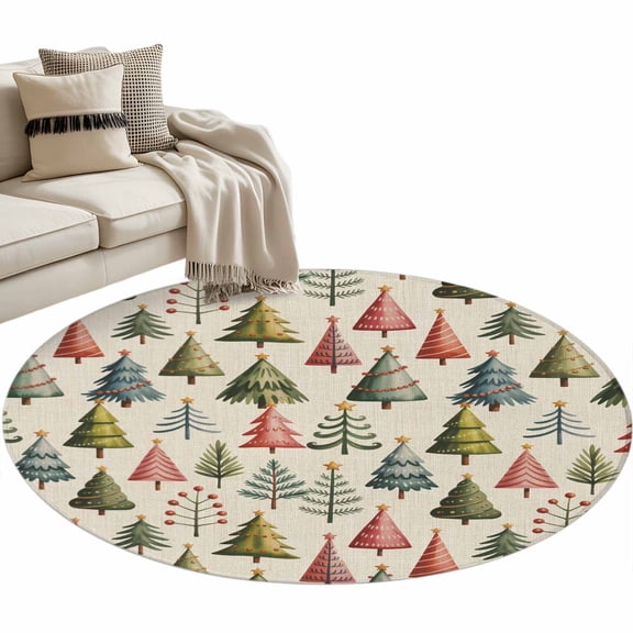 Christmas Green Tree Round Area&nbsp;Rug 3ft Pink Pine Tree Winter Watercolor Vintage Non-Slip&nbsp;Washable Circle Rugs Soft Felt Indoor Floor Mat for Bedroom Kitchen Living Room Bathroom