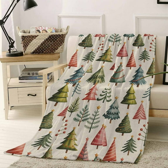 Christmas Green Tree Throw Flannel Blanket 40x60In Pink Pine Tree Winter Watercolor Vintage Super Soft Cozy Bed Blanket, Lightweight Plush Fuzzy Bed Throw for Bedroom Sofa Couch Living Room