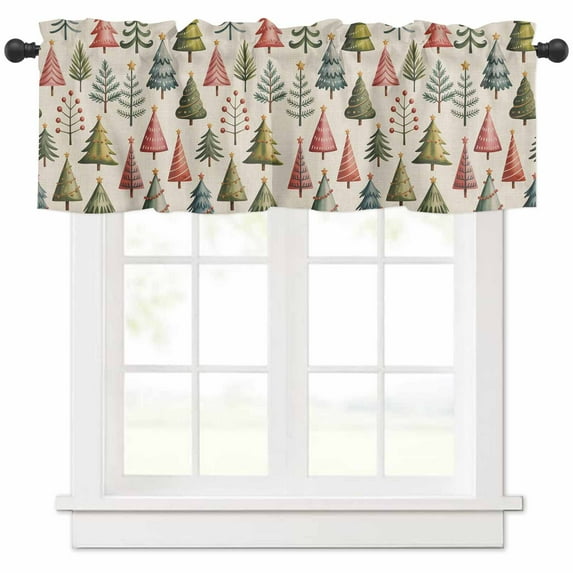 Christmas Green Tree Valances for Windows, Pink Pine Tree Winter Watercolor Vintage Light Filtering Window Treatment Valances, Rod Pocket Small Curtains for Kitchen/Bathroom, 56"x16"