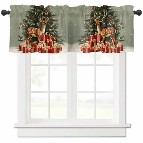 Christmas Green Valances for Windows, Xmas Tree Elk Gifts Pattern Light Filtering Window Treatment Valances, Rod Pocket Small Curtains for Kitchen/Bathroom, 60"x14"