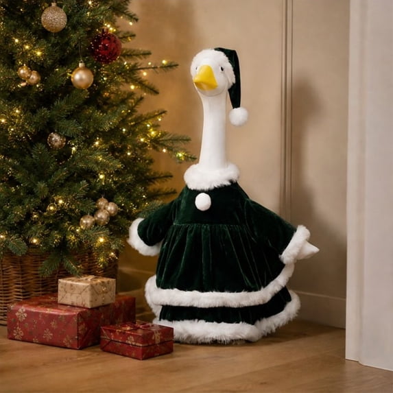Christmas Green Velvet Dress Outfit for 23 Inch Goose Statue, with Velvet Goose Clothes and Santa Hat, White Trims, Xmas Goose Costume, Winter Holiday Outdoor Garden Patio Yard Art Decor