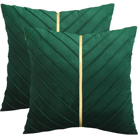 Christmas Green Velvet Throw Pillow Covers 18x18 Pack of 2 with Gold Leather Forest Green Decorative Couch Pillowcase Luxury Modern Pillow Cover for Living Room Bedroom Sofa Cushion Bed