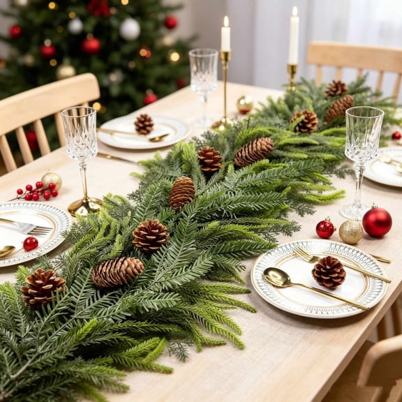 Christmas Greenery Garland, Soft Norfolk Rattan, Holiday Mantel Runner, Durable PVC Material and Versatile Decorative Use for Entryway Hangings, Party Backdrops and Window Frames.