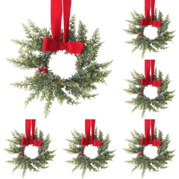 Christmas Greenery Wreath Set 5PC, 8.66 Inch Artificial Pine Berry Rings with Red Ribbon, Coordinated Holiday Home Decor