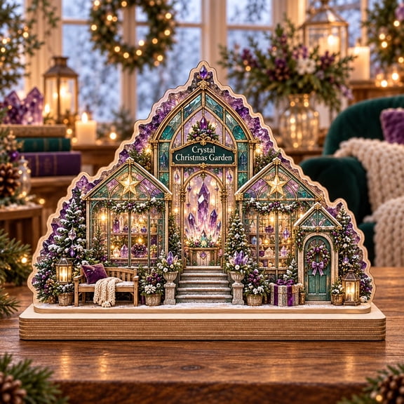 Christmas Greenhouse Wooden Plaque, Crystal Atrium Scene for Seasonal Table Decor