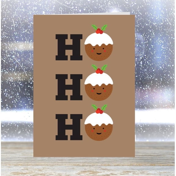 Christmas Greeting Card Fun Holiday Design with Smiling Puddings and "HO HO HO" Text Perfect for Sending Cheerful Wishes this Christmas Season